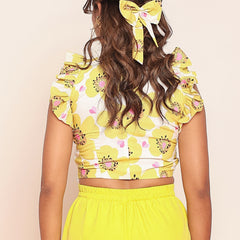 Printed bright yellow ruffled top