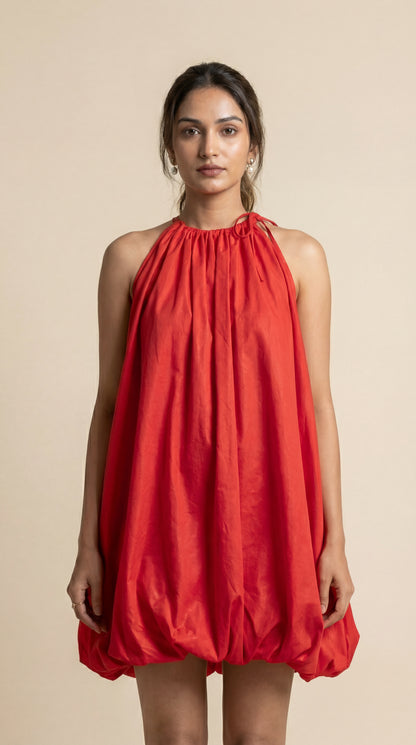 Solid balloon Style  Hot Red mini dress