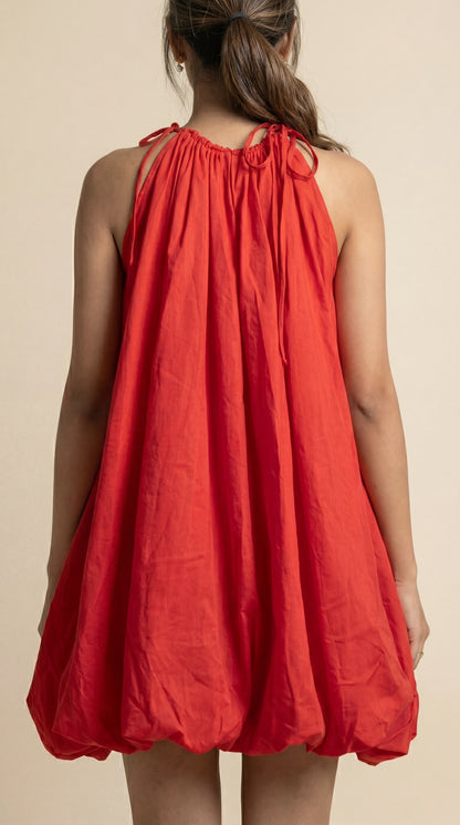 Solid balloon Style  Hot Red mini dress