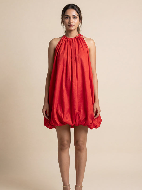 Solid balloon Style  Hot Red mini dress