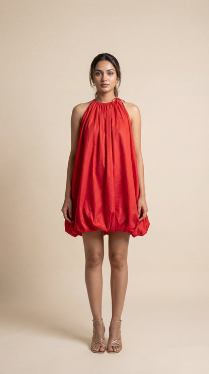 Solid balloon Style  Hot Red mini dress