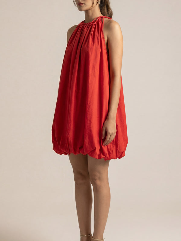 Solid balloon Style  Hot Red mini dress