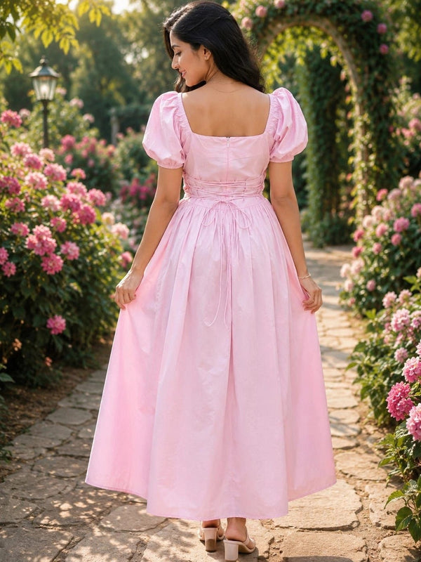 Puff Sleeve A-Line Midi Dress