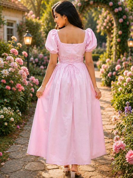 Puff Sleeve A-Line Midi Dress
