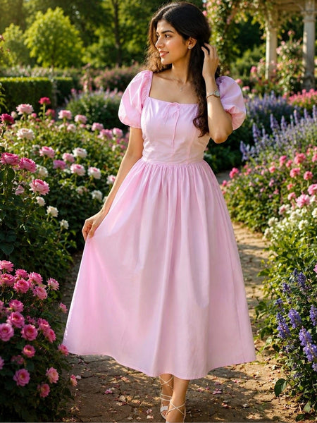 Puff Sleeve A-Line Midi Dress