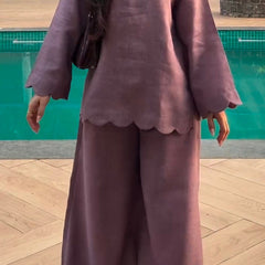 Mauve Linen Blend Scalloped Hem Co-ord Set