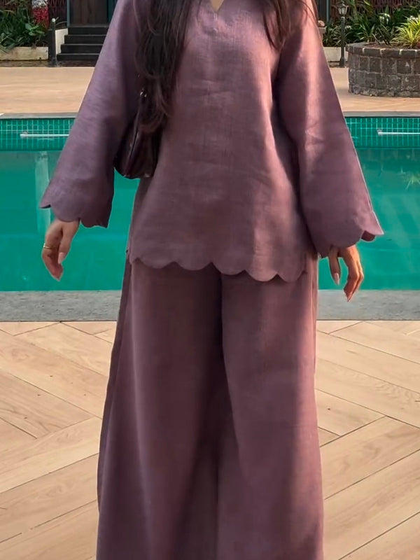 Mauve Linen Blend Scalloped Hem Co-ord Set