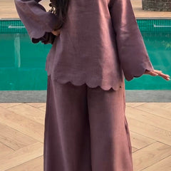 Mauve Linen Blend Scalloped Hem Co-ord Set