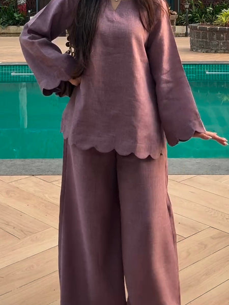 Mauve Linen Blend Scalloped Hem Co-ord Set