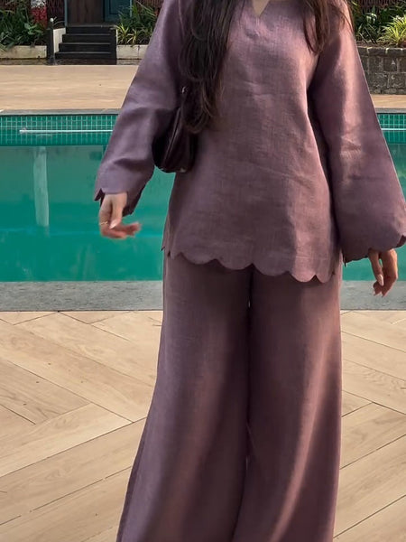 Mauve Linen Blend Scalloped Hem Co-ord Set