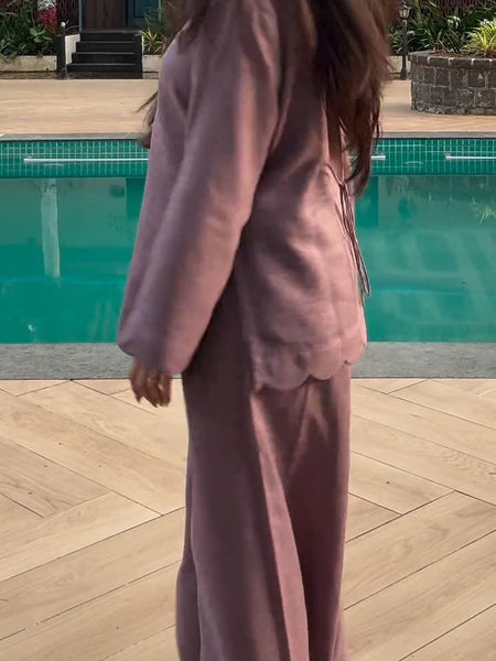 Mauve Linen Blend Scalloped Hem Co-ord Set