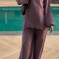 Mauve Linen Blend Scalloped Hem Co-ord Set