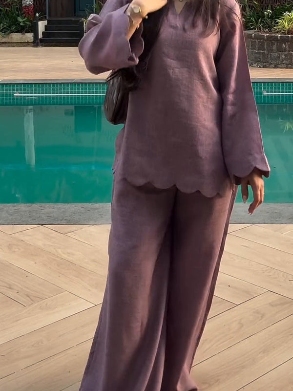 Mauve Linen Blend Scalloped Hem Co-ord Set