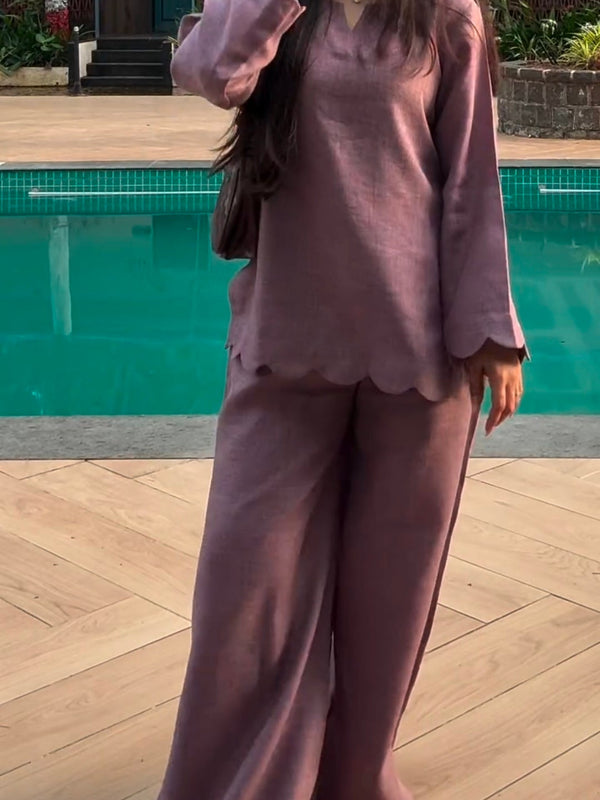 Mauve Linen Blend Scalloped Hem Co-ord Set