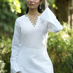 Women’s White Solid Cotton Tunic with V-Neck Detail & Flared Sleeves