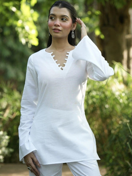 Women’s White Solid Cotton Tunic with V-Neck Detail & Flared Sleeves