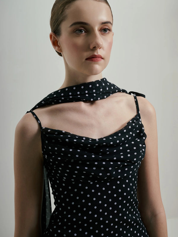 Midnight Polka Dot Draped Cowl-Neck Maxi Dress
