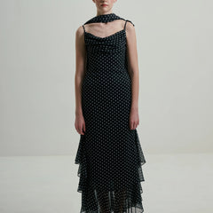 Midnight Polka Dot Draped Cowl-Neck Maxi Dress