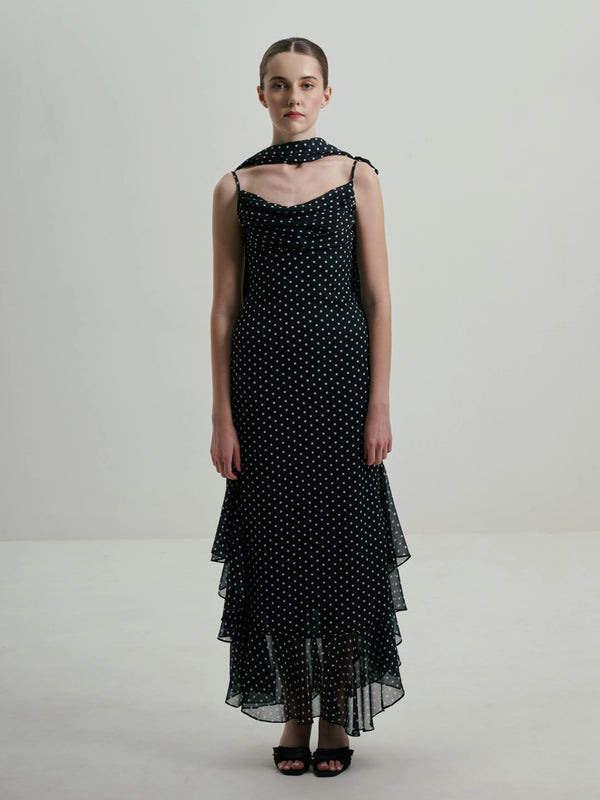 Midnight Polka Dot Draped Cowl-Neck Maxi Dress