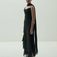 Midnight Polka Dot Draped Cowl-Neck Maxi Dress