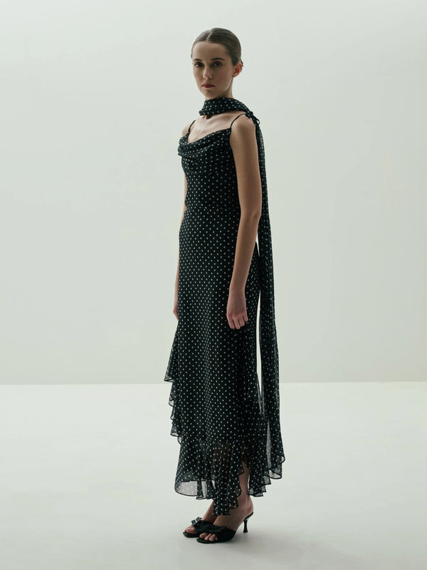 Midnight Polka Dot Draped Cowl-Neck Maxi Dress
