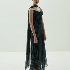 Midnight Polka Dot Draped Cowl-Neck Maxi Dress