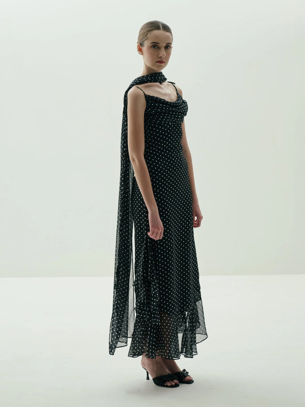 Midnight Polka Dot Draped Cowl-Neck Maxi Dress