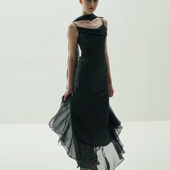 Midnight Polka Dot Draped Cowl-Neck Maxi Dress