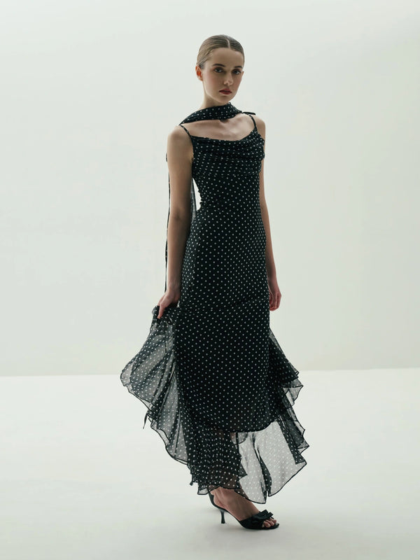 Midnight Polka Dot Draped Cowl-Neck Maxi Dress
