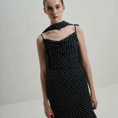 Midnight Polka Dot Draped Cowl-Neck Maxi Dress