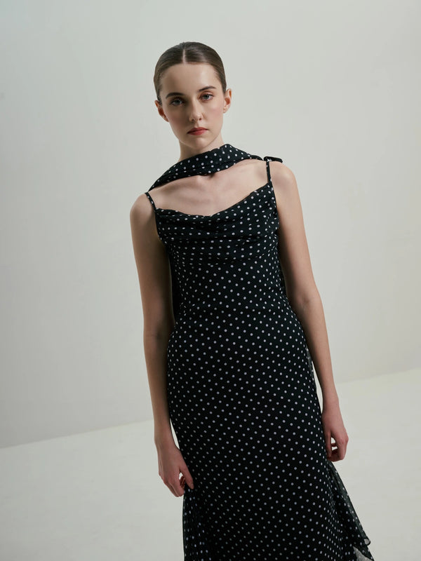 Midnight Polka Dot Draped Cowl-Neck Maxi Dress