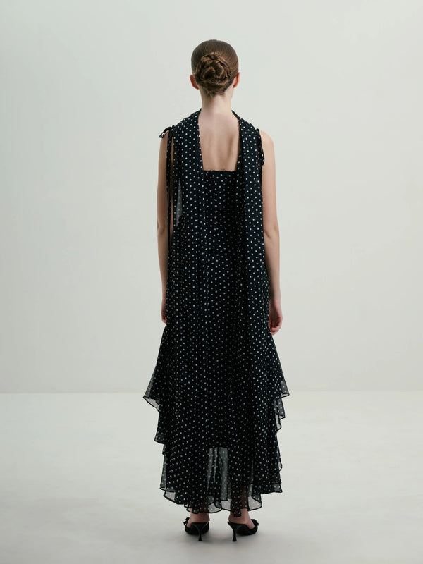 Midnight Polka Dot Draped Cowl-Neck Maxi Dress