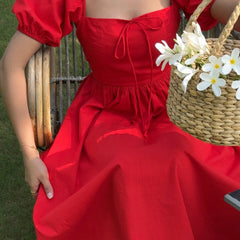 Women's Scarlet Red Puff Sleeve Square Neck Tie-Up Maxi Dress