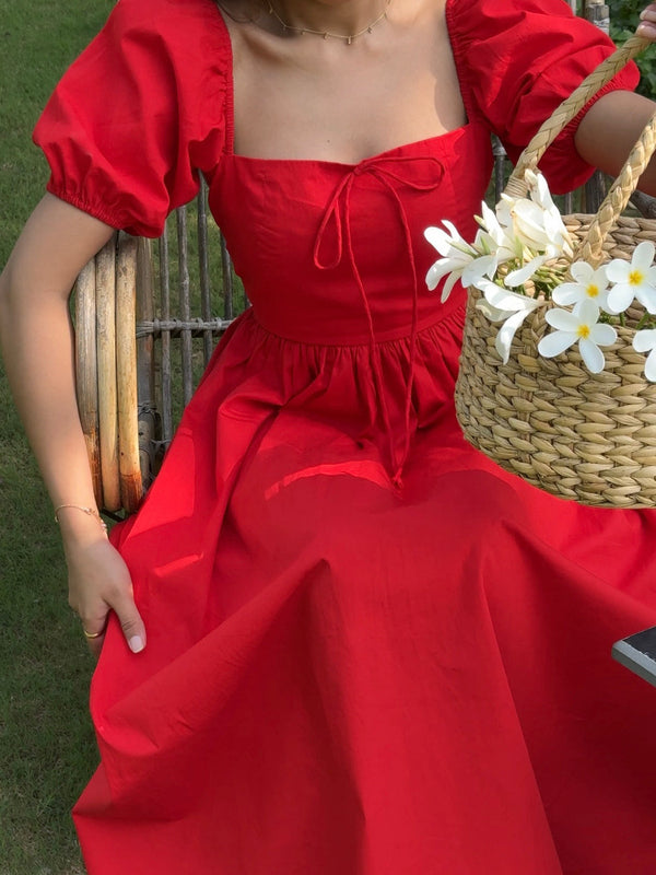 Women's Scarlet Red Puff Sleeve Square Neck Tie-Up Maxi Dress