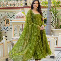 Olive Green Bandhani Anarkali Suit Set
