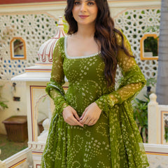 Olive Green Bandhani Anarkali Suit Set