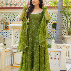 Olive Green Bandhani Anarkali Suit Set