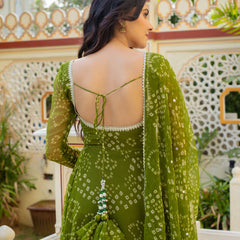 Olive Green Bandhani Anarkali Suit Set