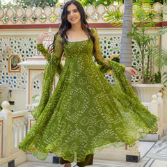 Olive Green Bandhani Anarkali Suit Set